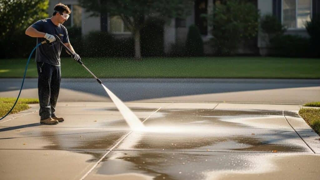 A real photo of your team mid-job — technician actively pressure washing a driveway or house. Not a stock photo.