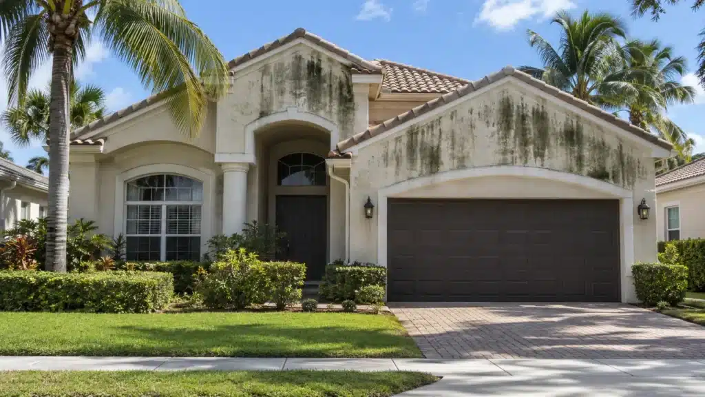 Mold and mildew stains on stucco home exterior in Lake Worth, FL